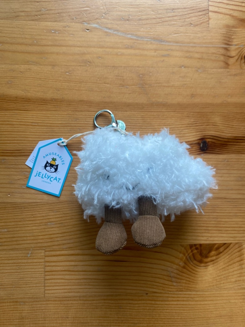 Jellycat White Fluffy Cloud Keyring with Brown Tag